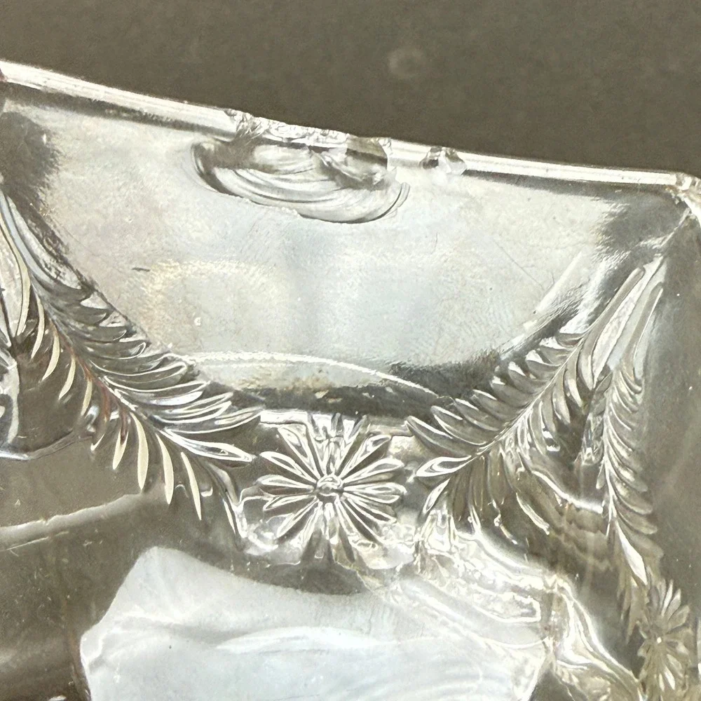 Pressed Glass Floral Etched Butter Dish with Lid, Hexagonal Base Clear Vintage